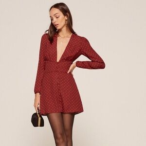 Reformation Long Sleeve Plunge Neckline Red with White Polkadots Mini Dress